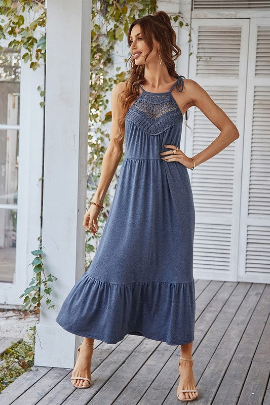 Elings Sleeveless Tassel Strap Lace Maxi Dress