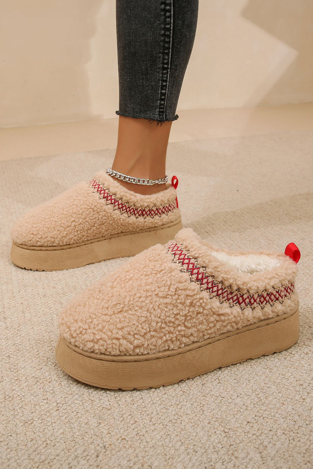 White Embroidered Sherpa Plush Thick Sole Winter Slippers