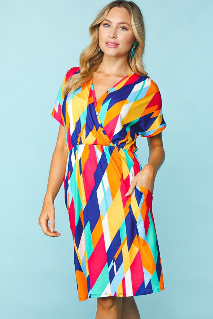 Haptics Geometric Surplice V Neck Short Sleeve Dress