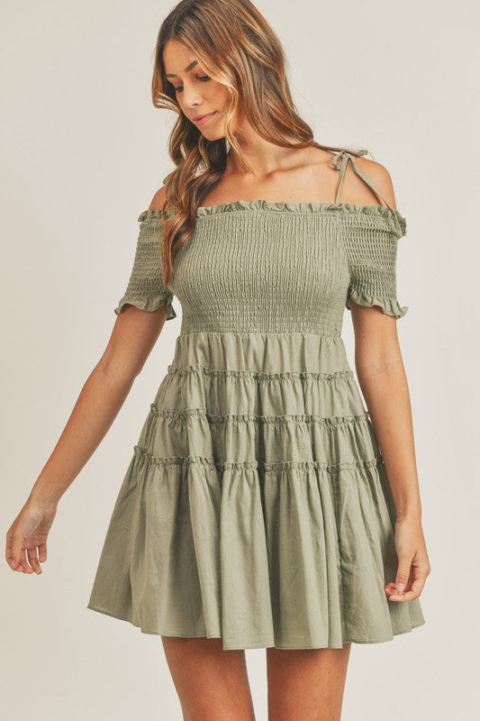 Mable Off shoulder smocked bodice mini babydoll dress Dress