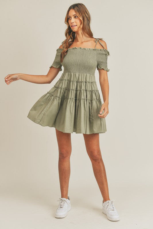 Mable Off shoulder smocked bodice mini babydoll dress Dress