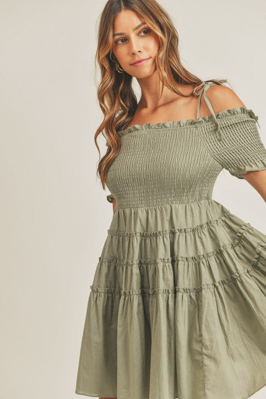 Mable Off shoulder smocked bodice mini babydoll dress Dress