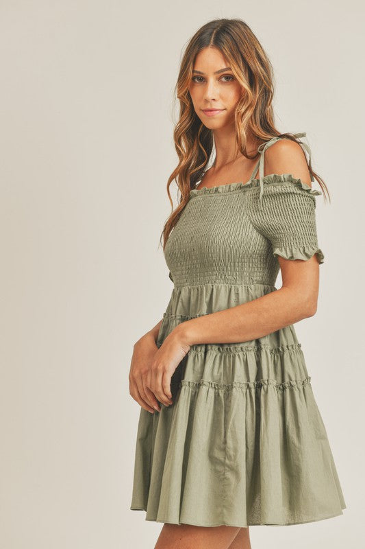 Mable Off shoulder smocked bodice mini babydoll dress Dress