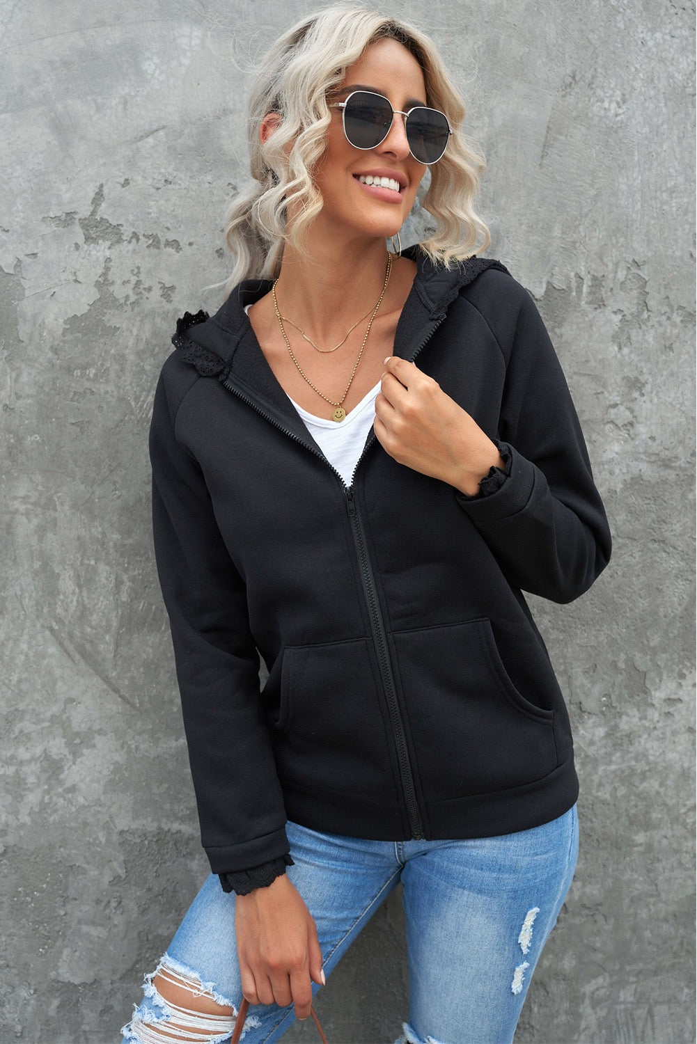 Black Zip-Up Hoodie With Lace Trim