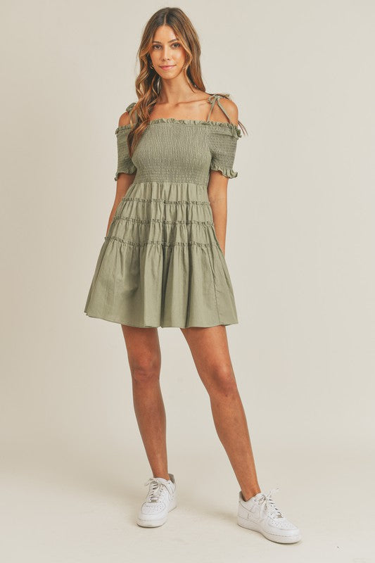 Mable Off shoulder smocked bodice mini babydoll dress Dress