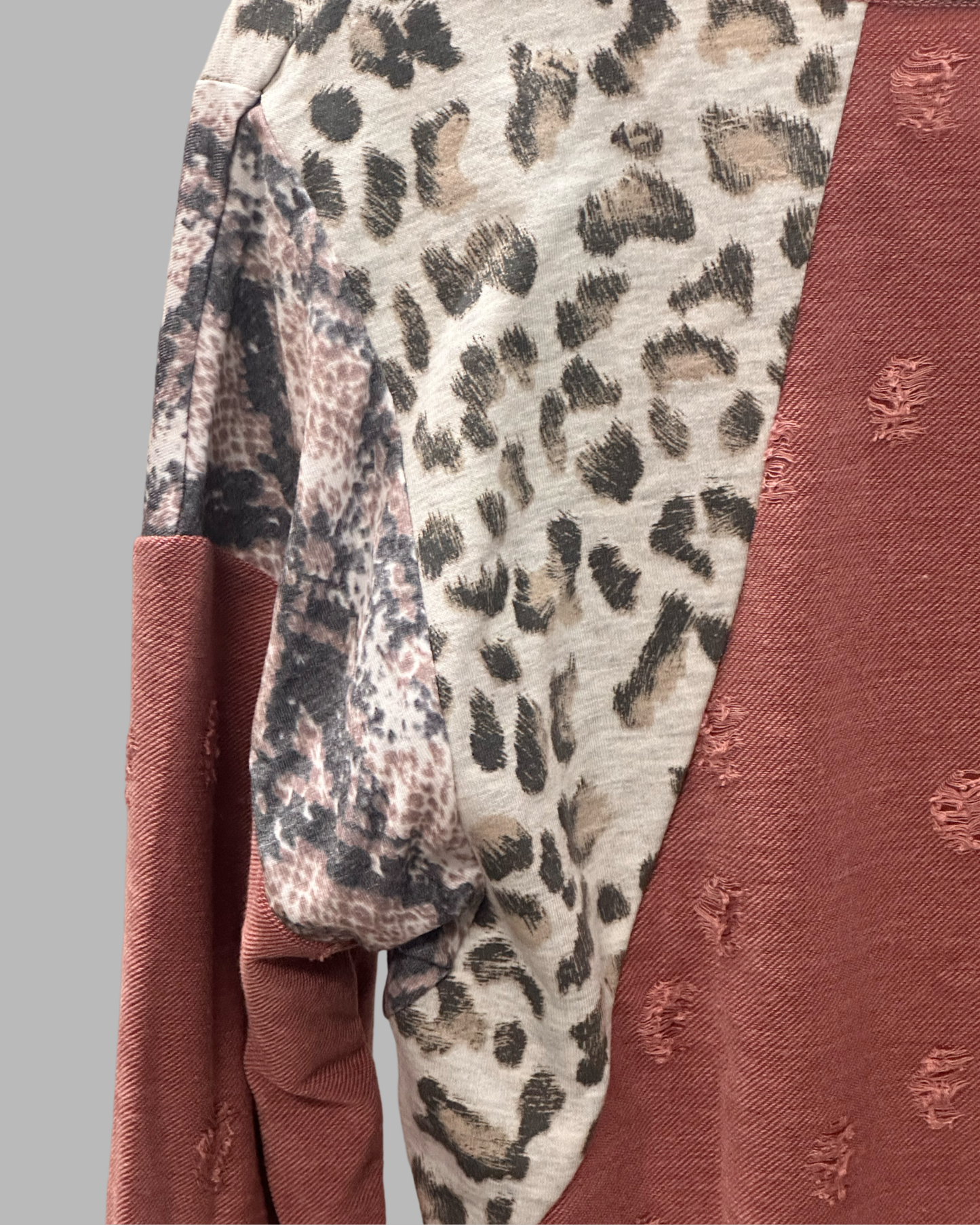 Bibi Distressed Long Sleeve Top with Animal Print Sleeves