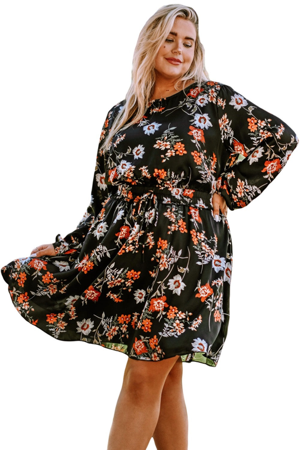 Plus Size Floral Drawstring Long Sleeve Dress