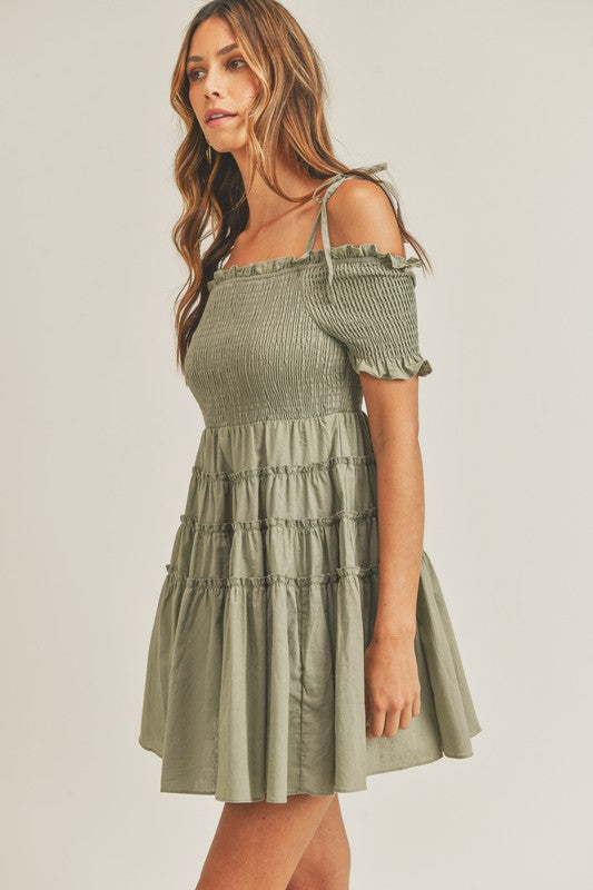 Mable Off shoulder smocked bodice mini babydoll dress Dress