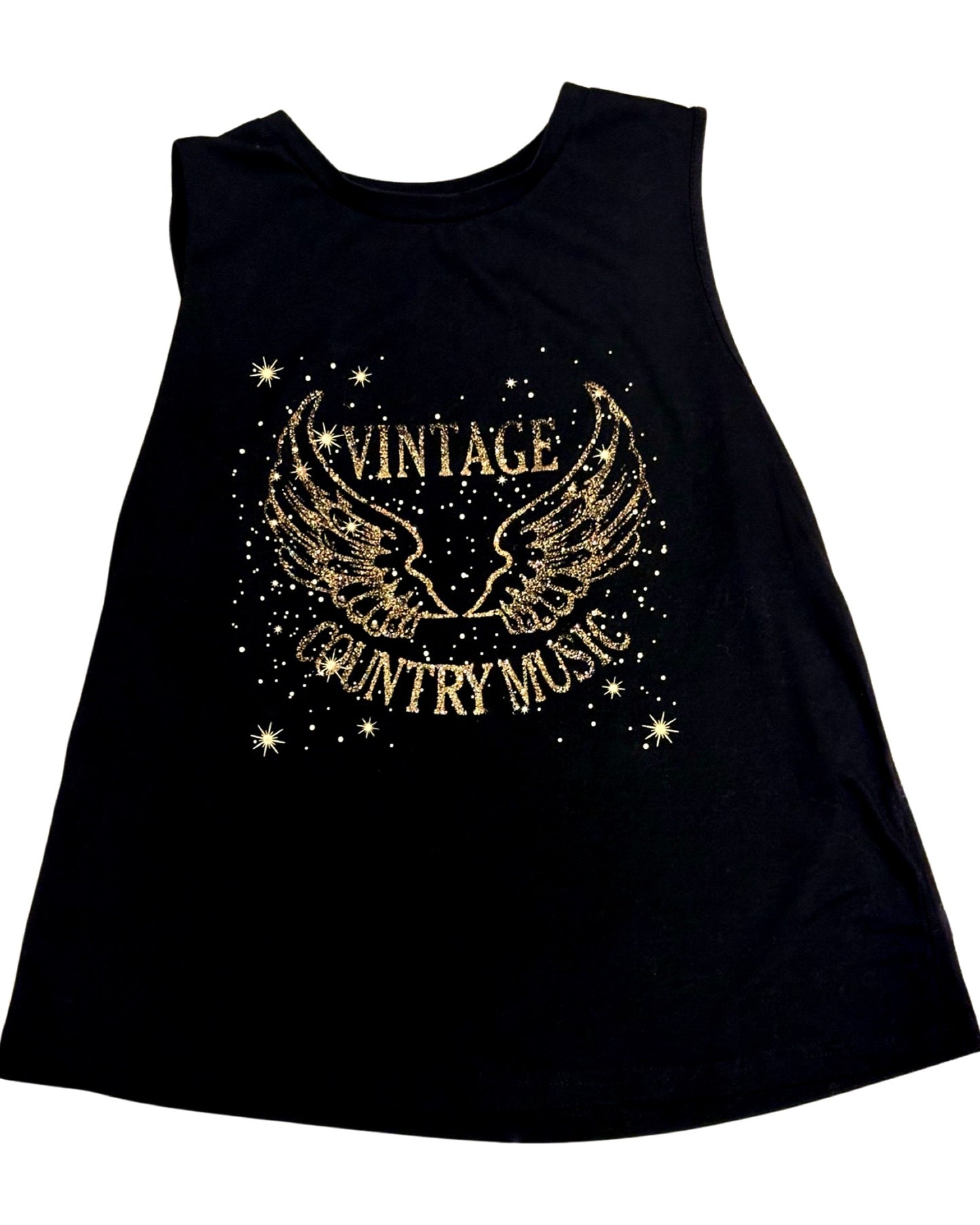 Vintage Country Music Wing Glitter Print Black Tank Top