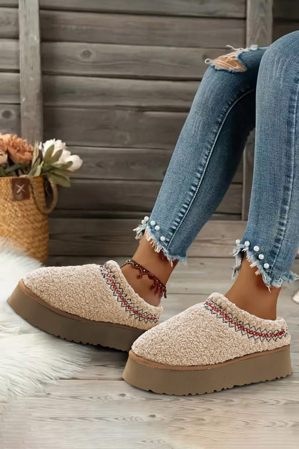 White Embroidered Sherpa Plush Thick Sole Winter Slippers