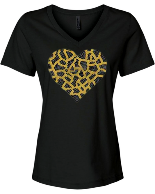 Giraffe Print Heart Rhinestone Womens Relaxed Short Sleeve T-Shirt