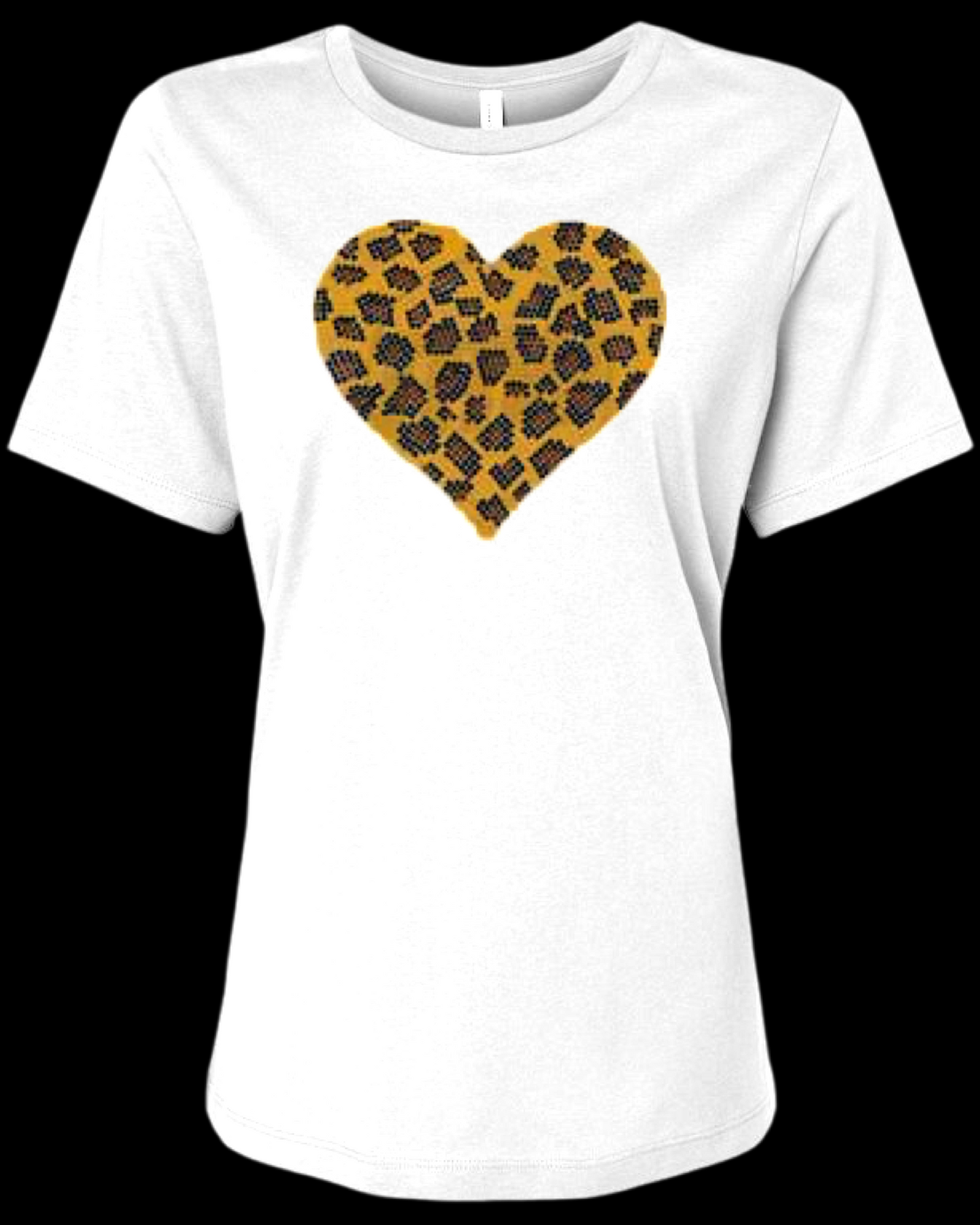 Leopard Print Heart Rhinestone Womens Relaxed Short Sleeve T-Shirt