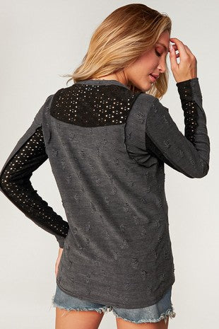 Sugarfox Charcoal Lace Distressed Long Sleeve Top