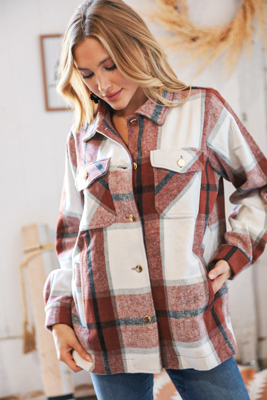 Zenana Oversized Yarn Dyed Plaid Shacket With Pockets