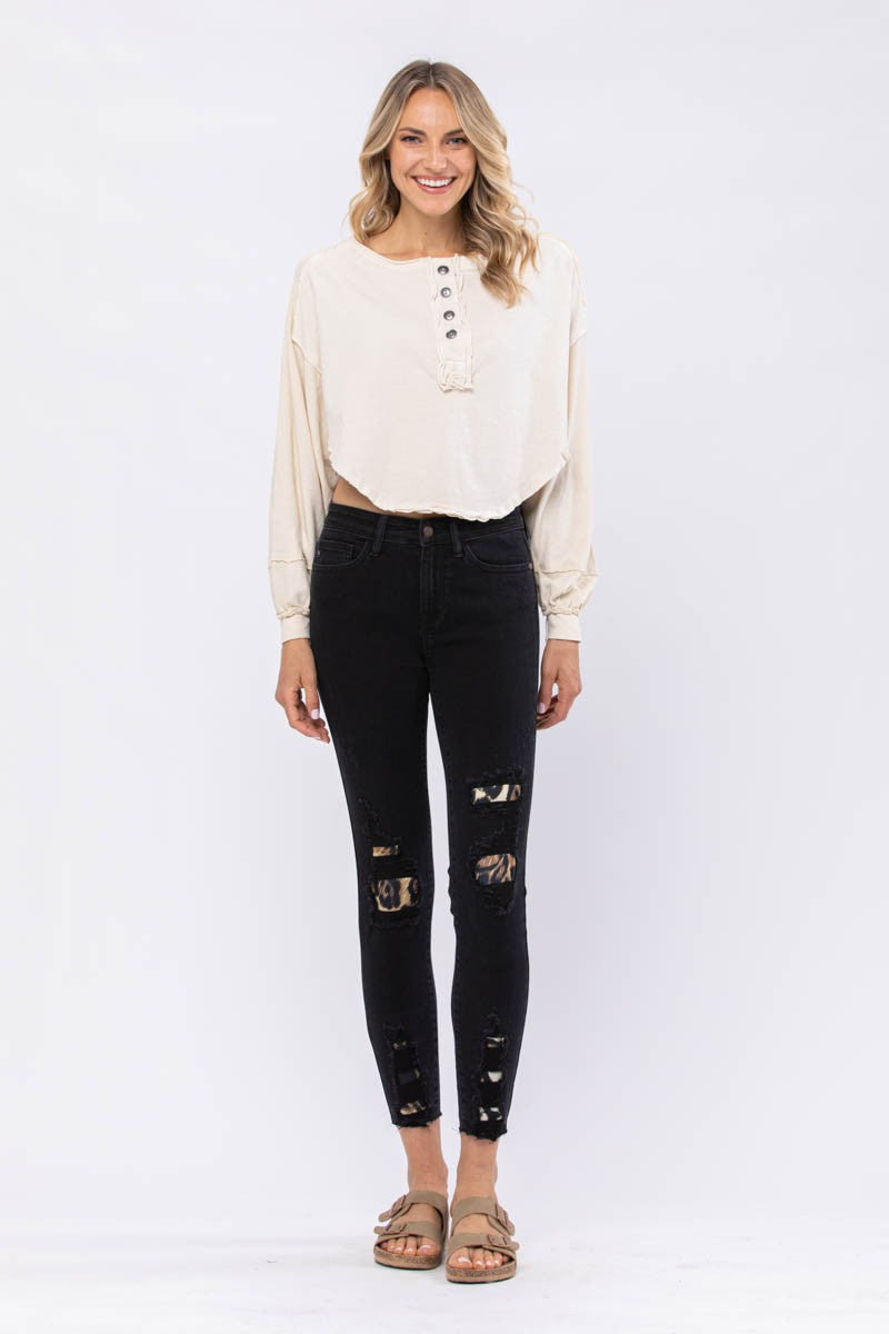 Judy Blue Black Midrise Leopard Patch Skinny Jeans