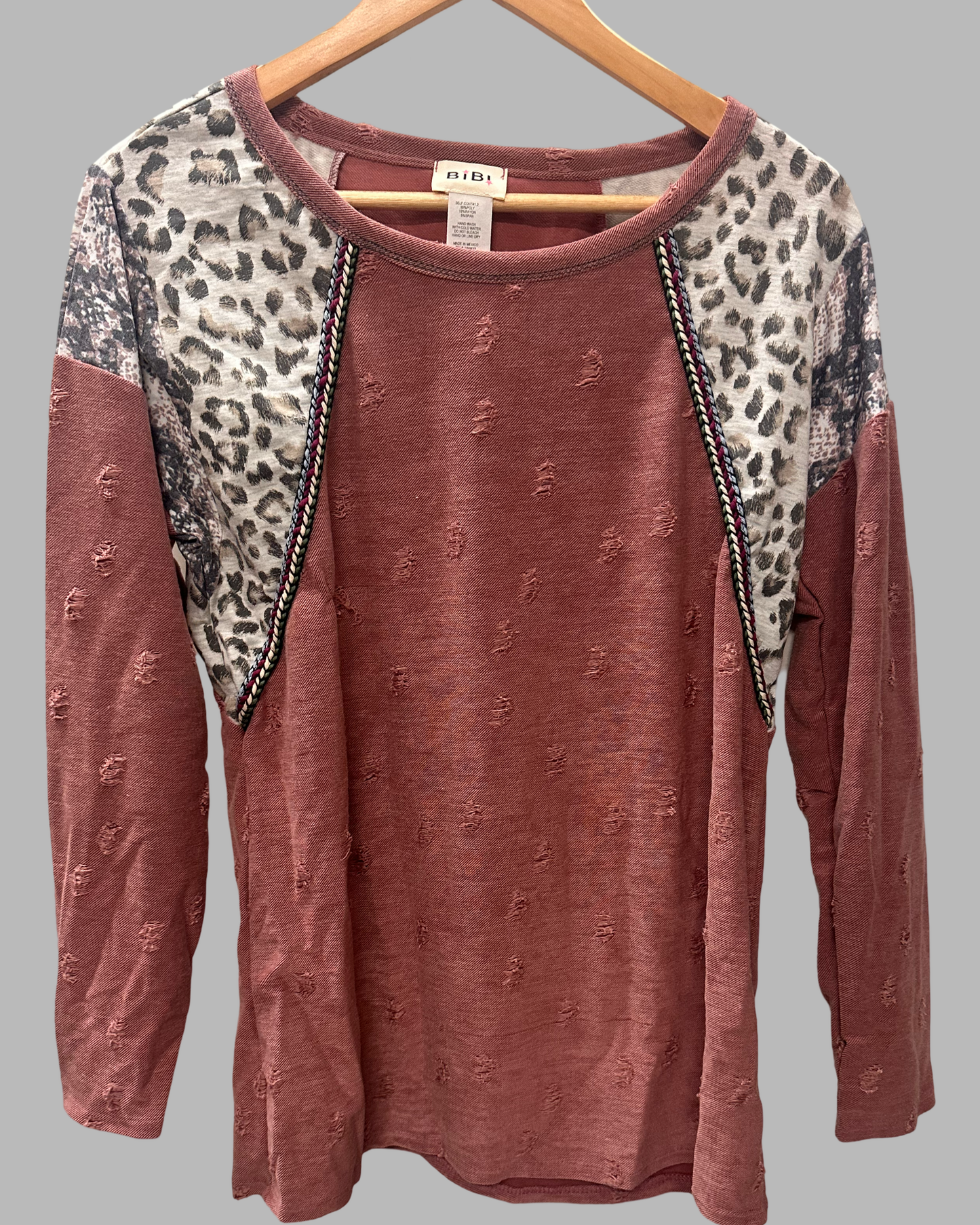 Bibi Distressed Long Sleeve Top with Animal Print Sleeves