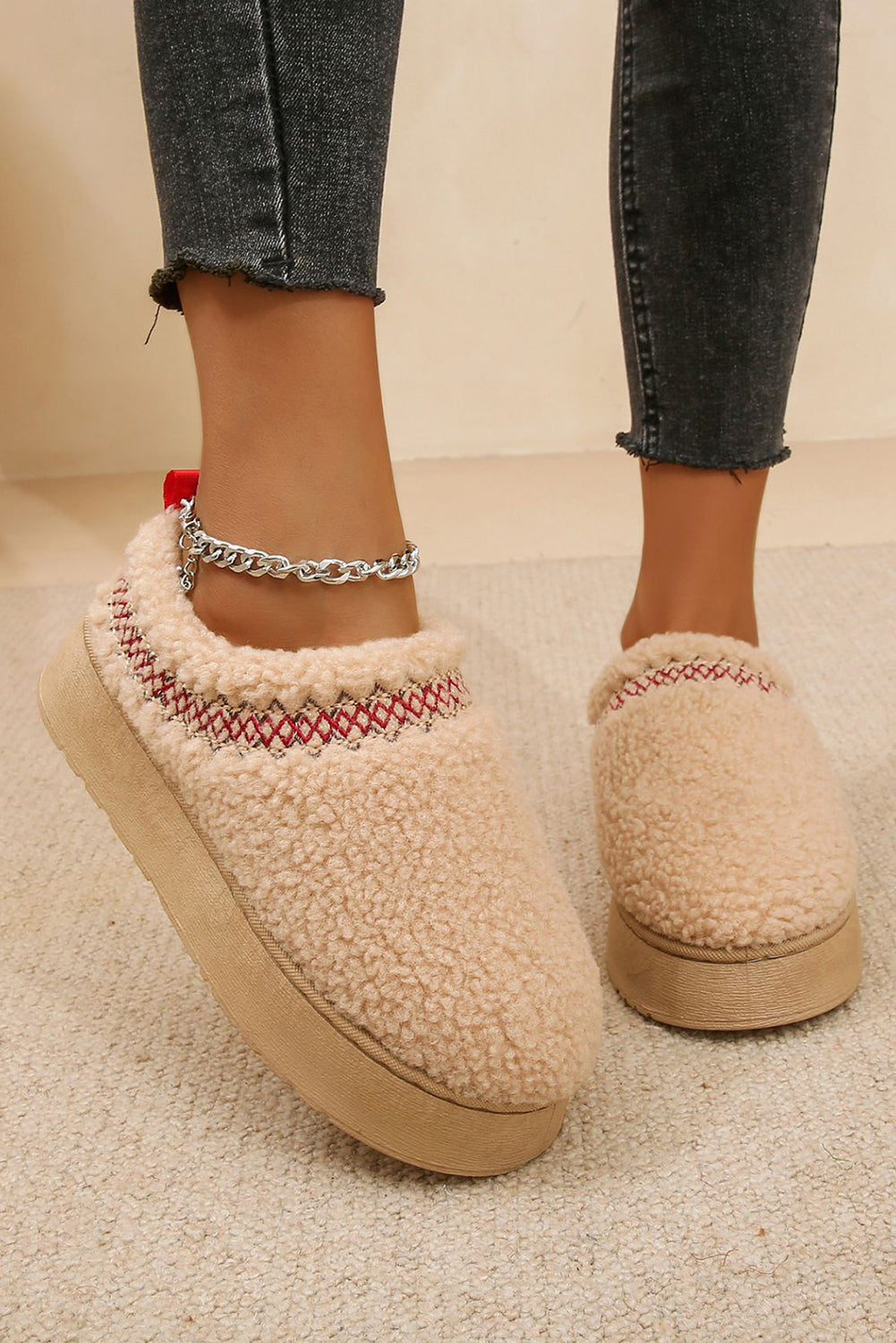White Embroidered Sherpa Plush Thick Sole Winter Slippers