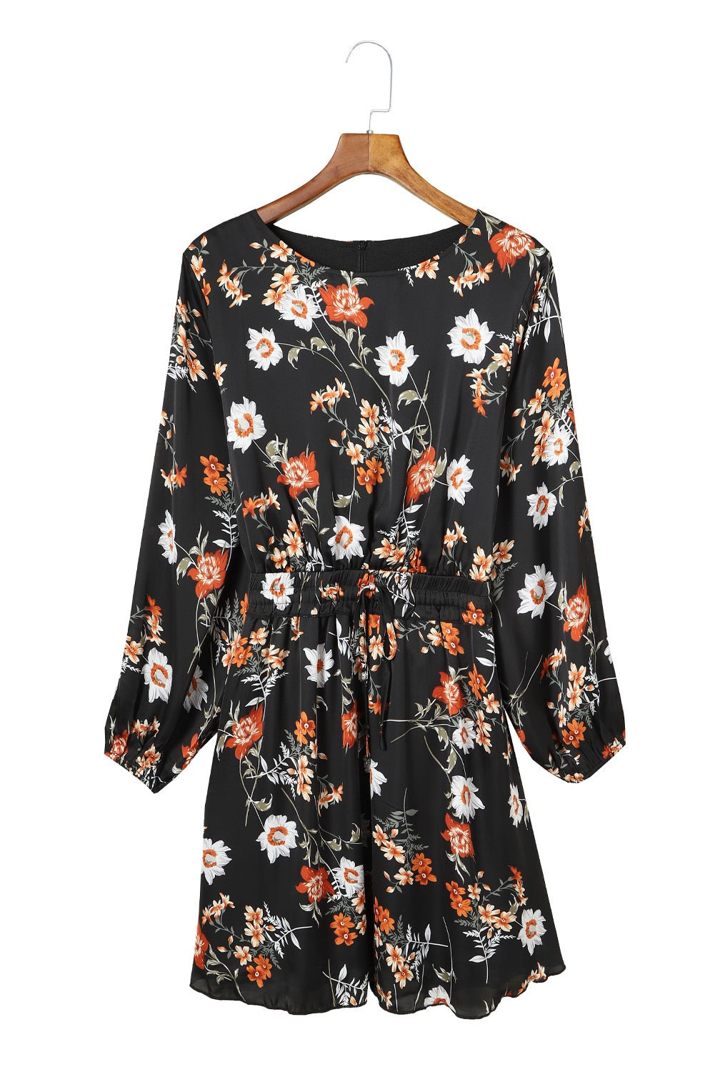 Plus Size Floral Drawstring Long Sleeve Dress