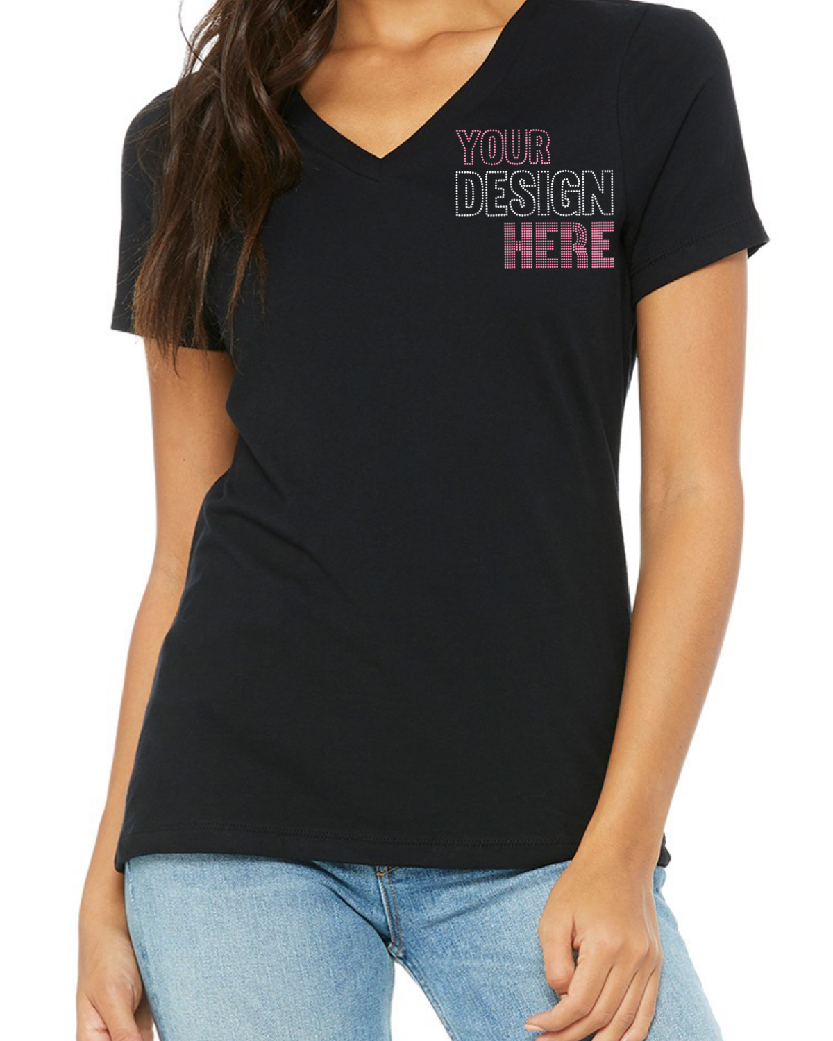 Fully Customizable Rhinestone Women’s Relaxed V-Neck T-Shirt