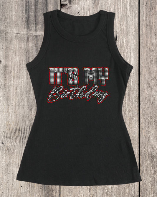 It’s My Birthday Rhinestone Ribbed Tank Top