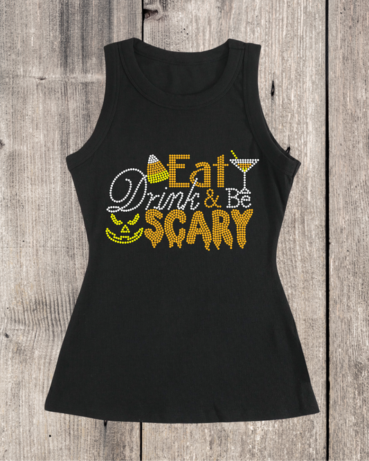 Eat Drink & Be Scary Rhinestone  Ribbed Tank Top