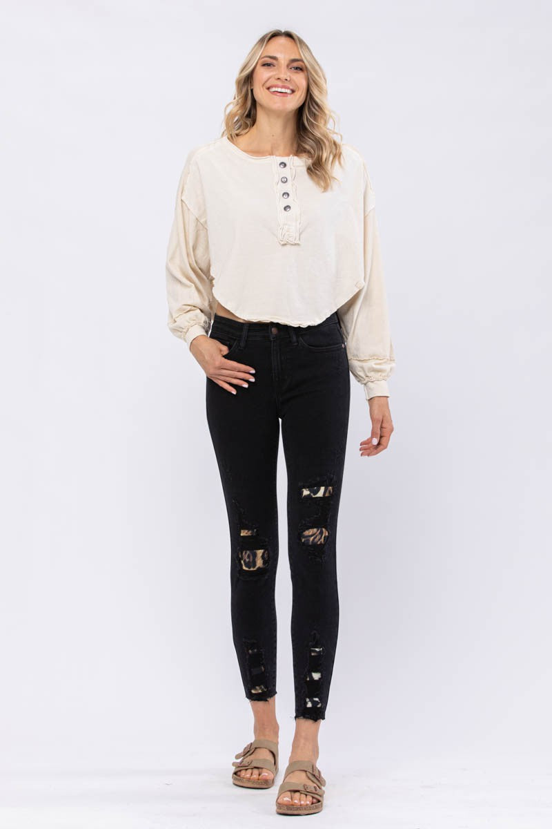 Judy Blue Black Midrise Leopard Patch Skinny Jeans