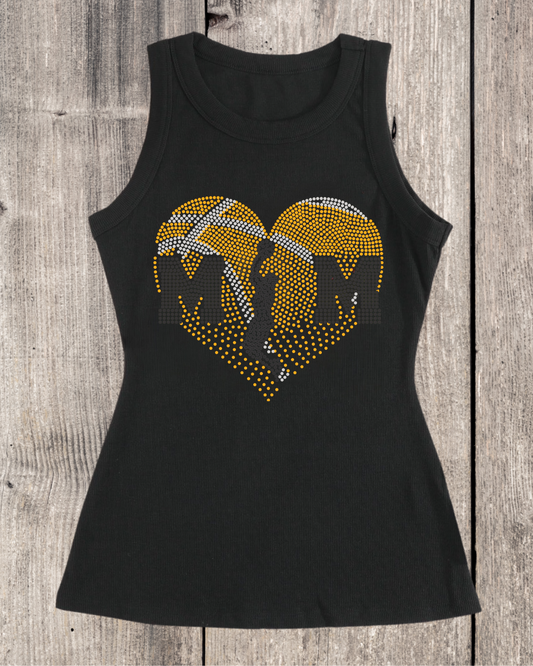 Sport Mom Faded Heart Design His Basketball Mom Rhinestone Ribbed Tank Top