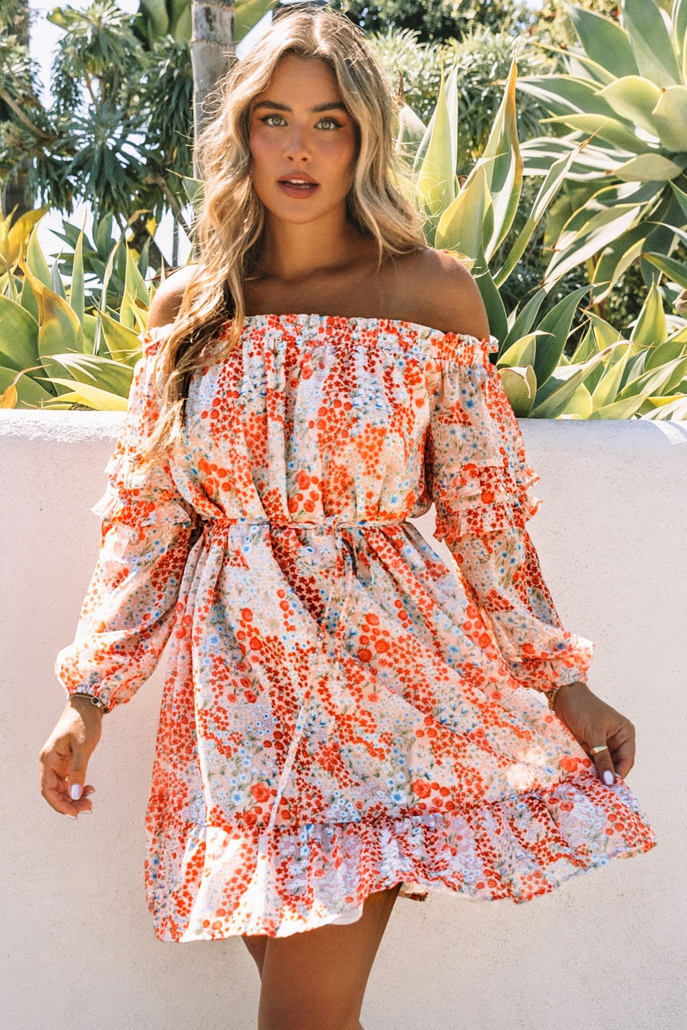 Floral Off The Shoulder Print Ruffled Dress With Tie Waist