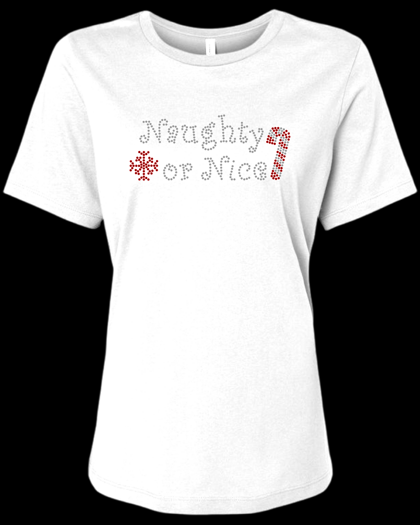 Naughty Or Nice Rhinestone Womens Relaxed Short Sleeve T-Shirt