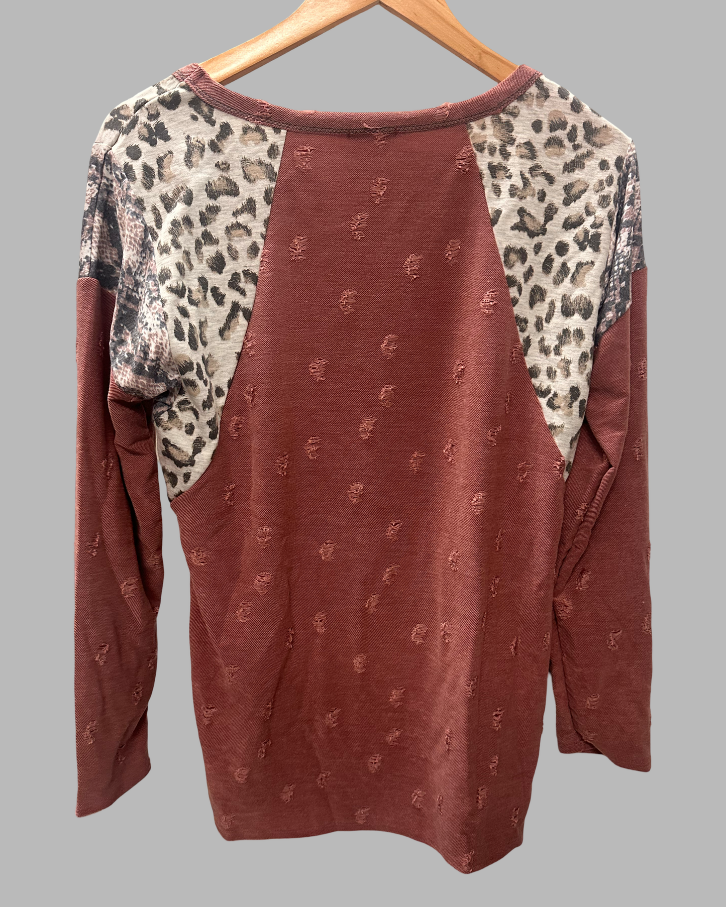 Bibi Distressed Long Sleeve Top with Animal Print Sleeves