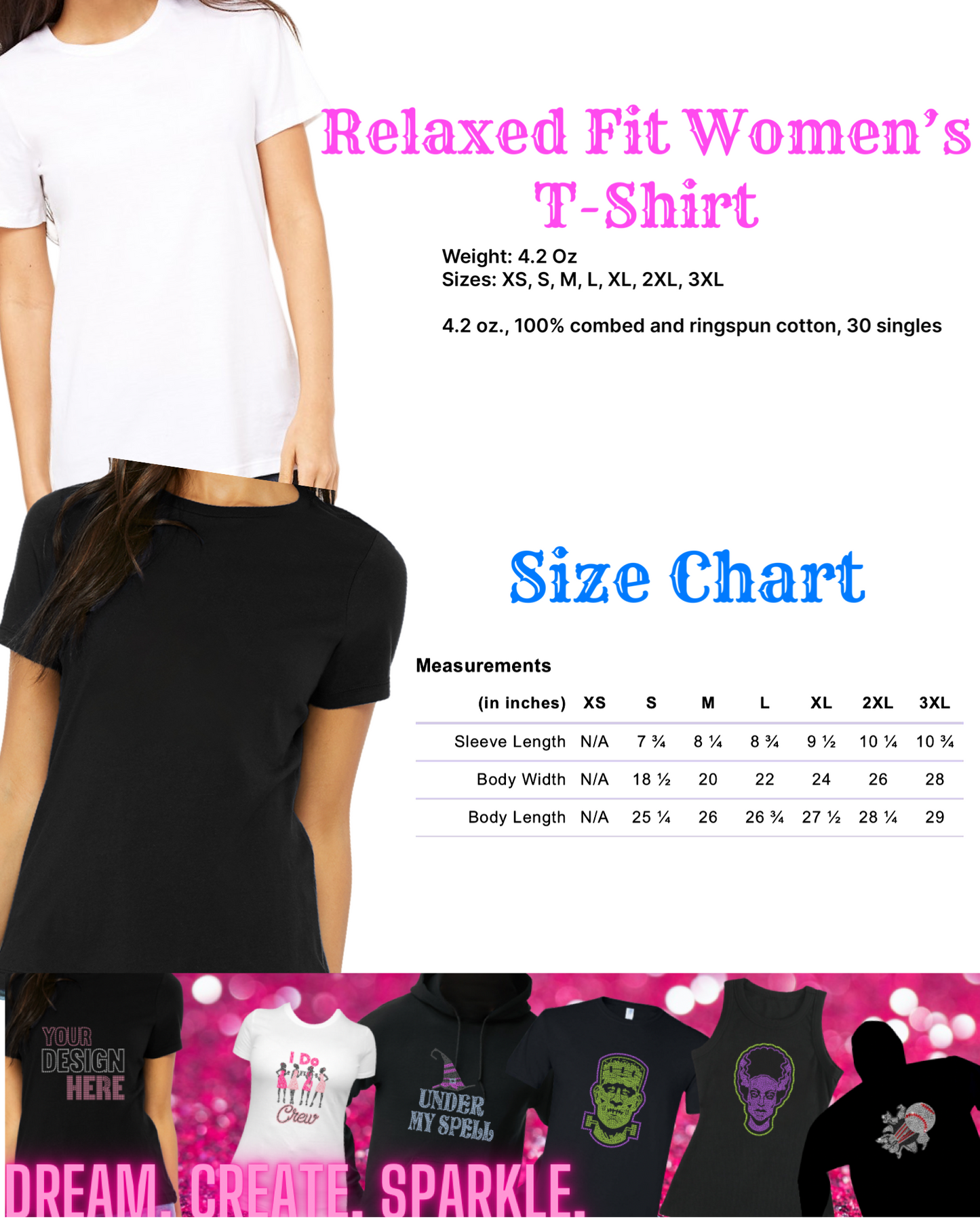 Fully Customizable Rhinestone Women’s Relaxed Round Neck T-Shirt