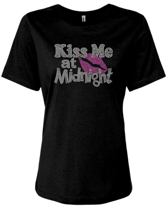 Kiss Me At Midnight Rhinestone Womens Relaxed Short Sleeve T-Shirt