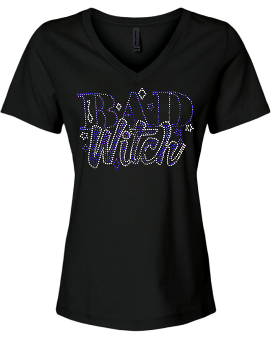 Bad Witch Rhinestone Women’s V-Neck Relaxed Short Sleeve T-Shirt