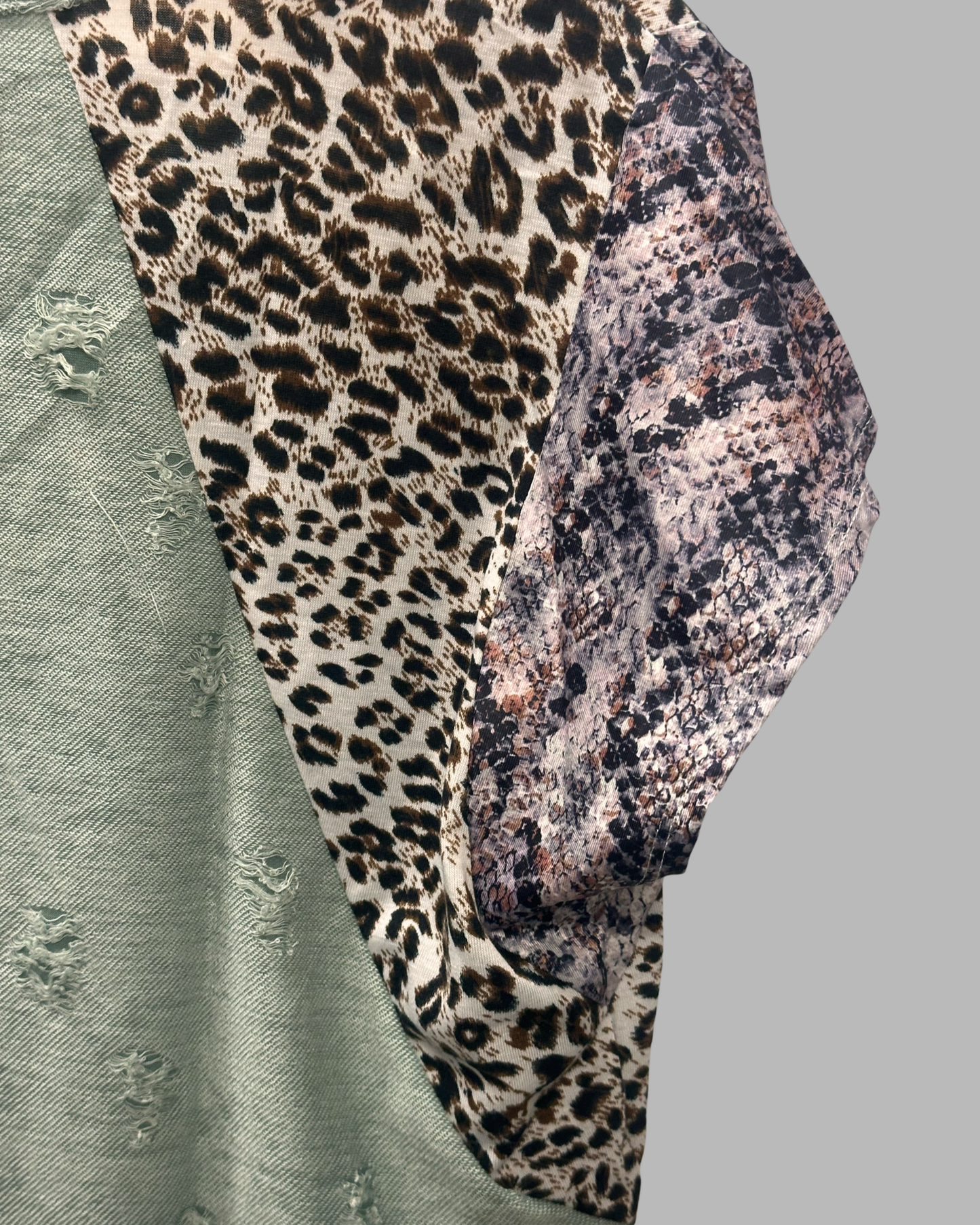 Bibi Distressed Short Sleeve Top with Animal Print Sleeves