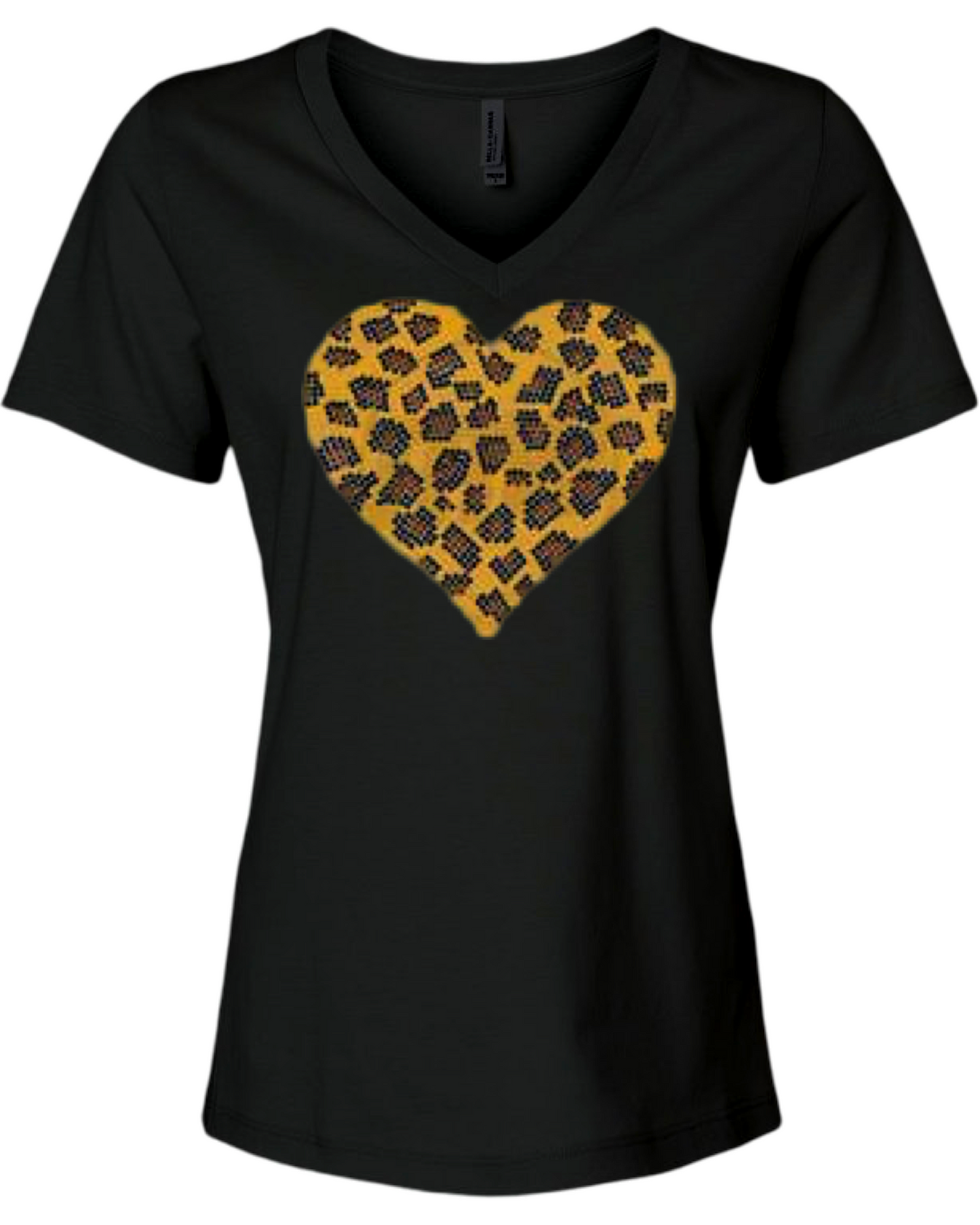 Leopard Print Heart Rhinestone Womens Relaxed Short Sleeve T-Shirt