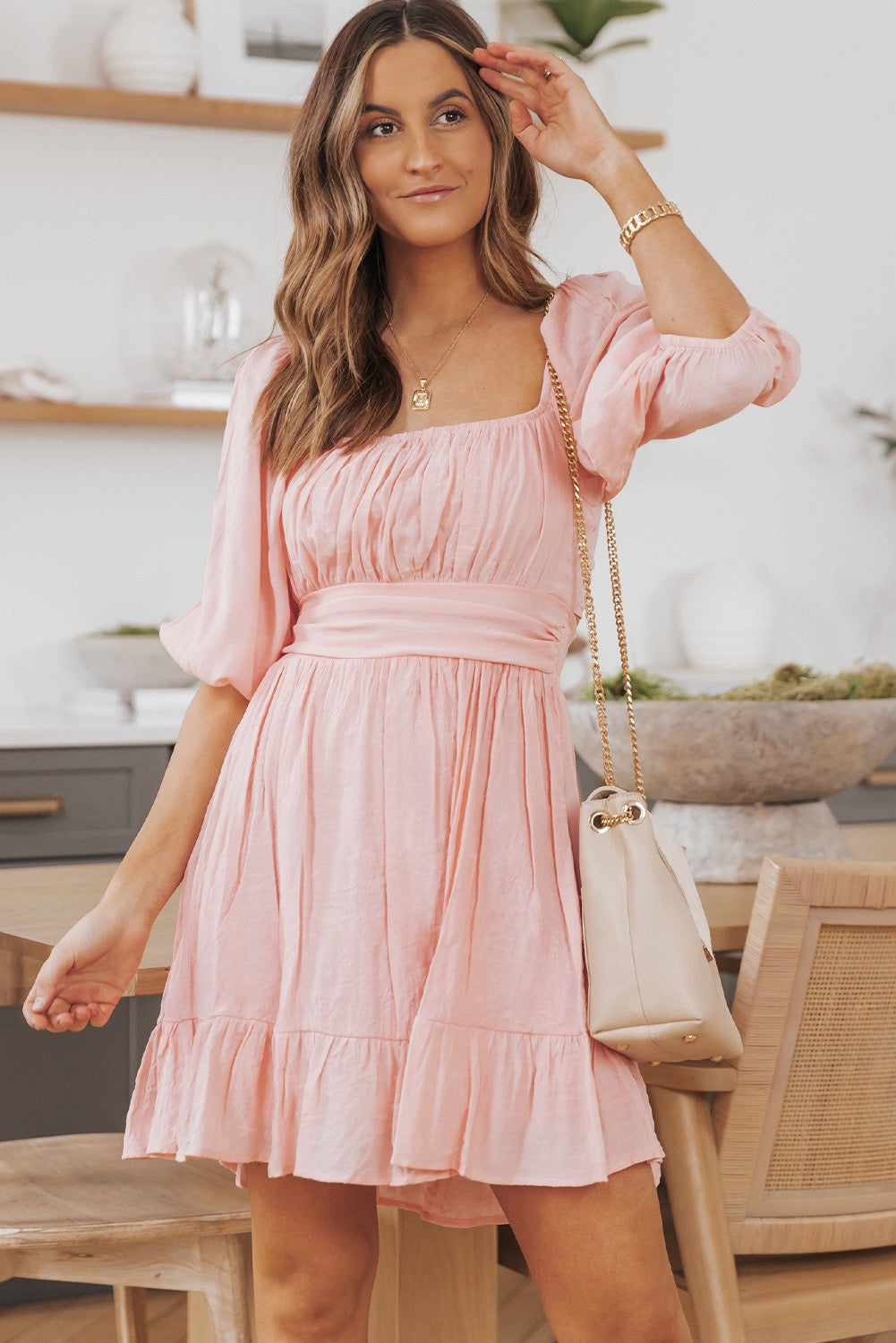 Bow Knot Square Neck Ruffle Dress