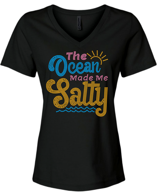 The Ocean Made Me Salty Rhinestone Womens Relaxed Short Sleeve T-Shirt