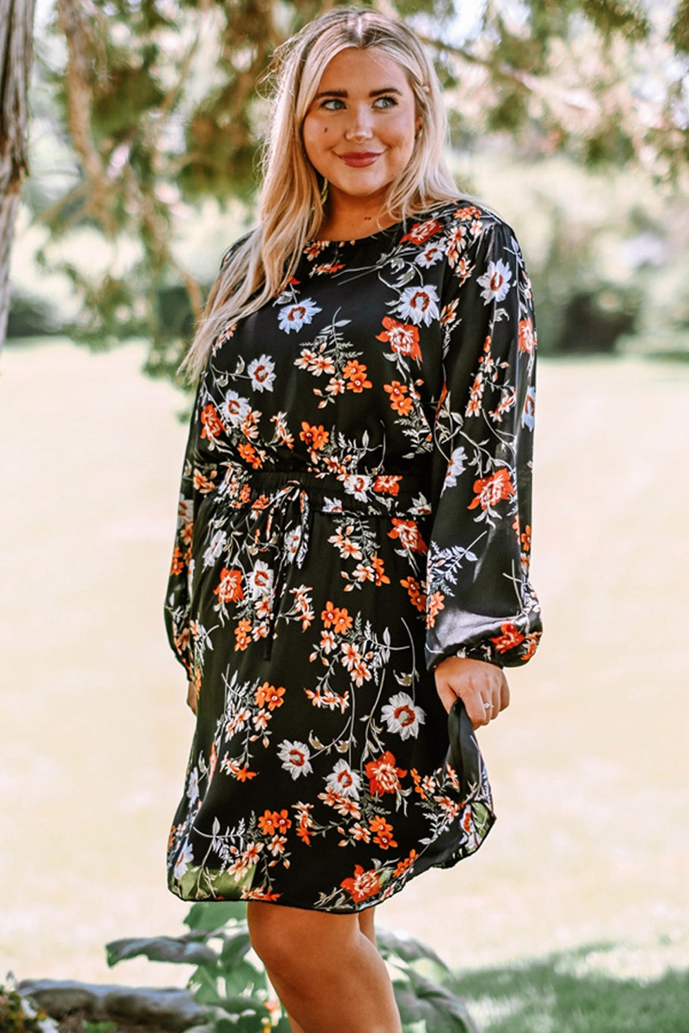 Plus Size Floral Drawstring Long Sleeve Dress