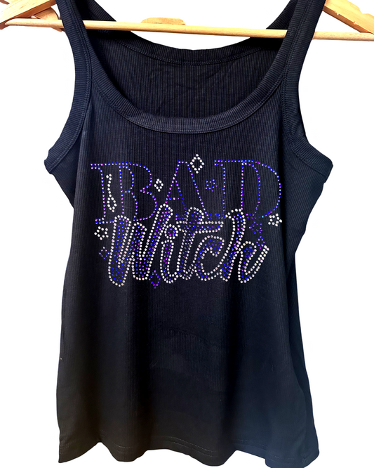 Bad Witch Rhinestone Scoop Neck Rib Knit Tank Top