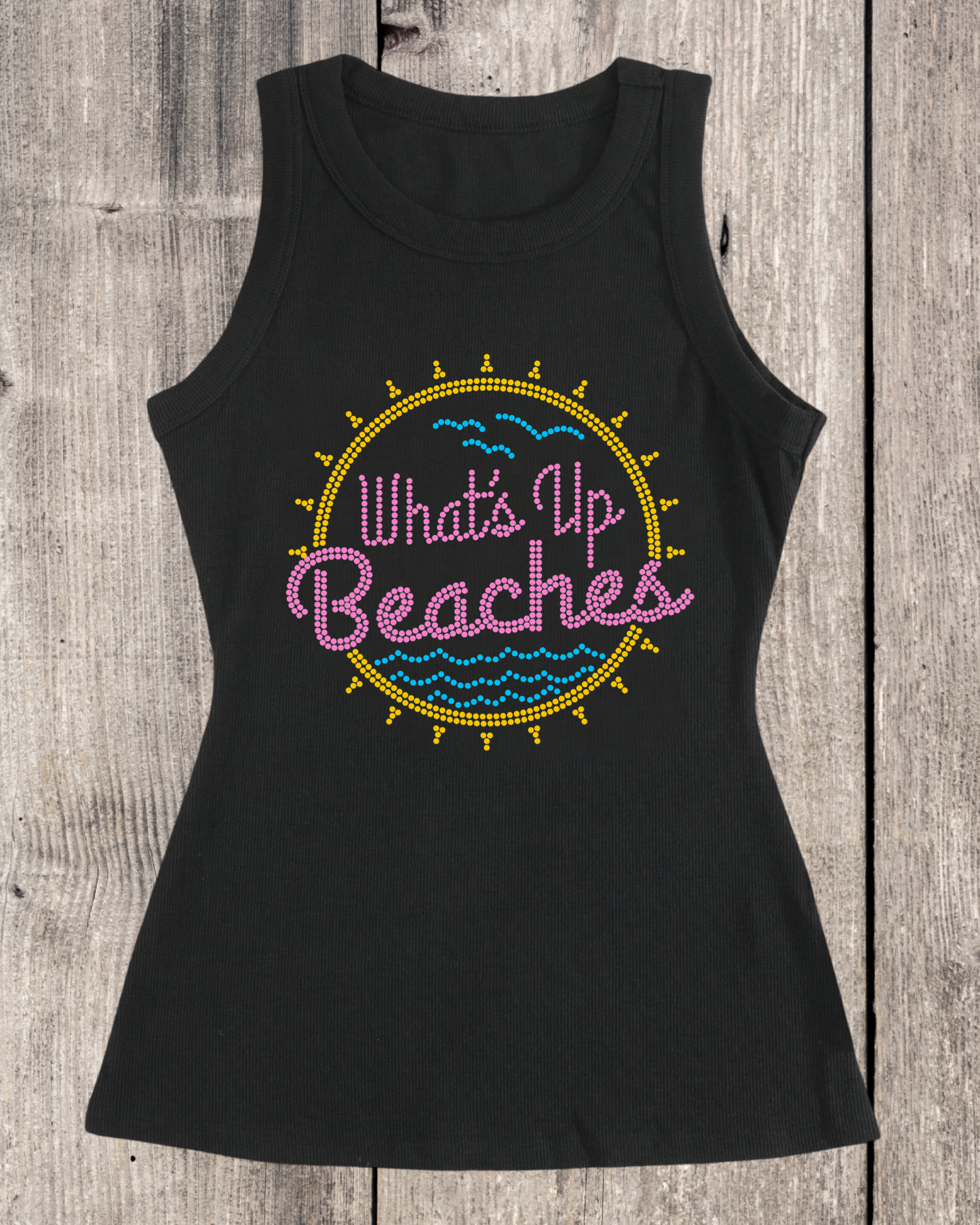 What’s Up Beaches Rhinestone Sleeveless Ribbed Black Tank Top