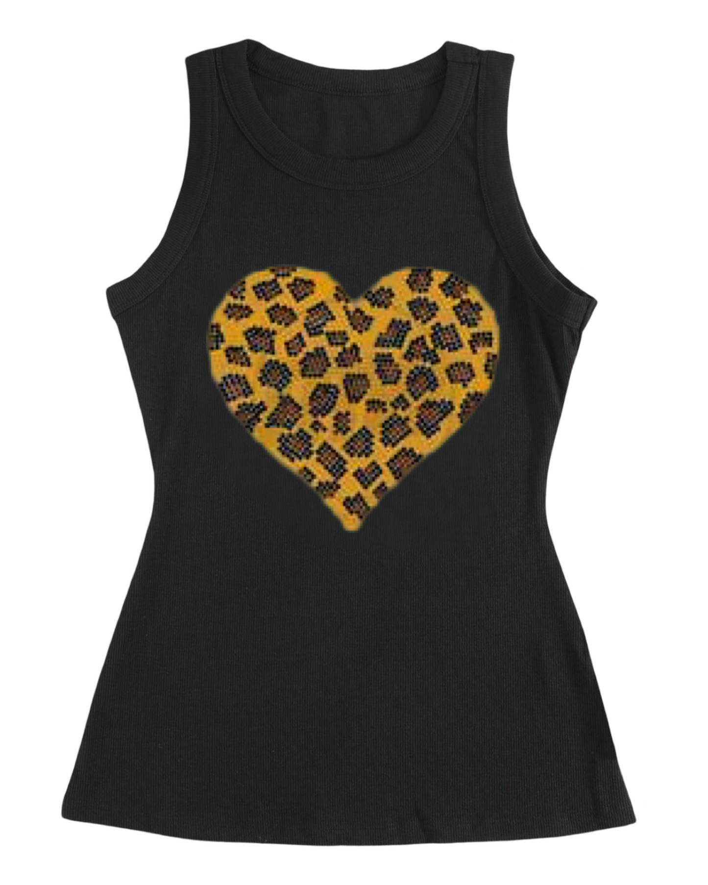 Animal Print Leopard Heart Rhinestone Design Ribbed Tank Top