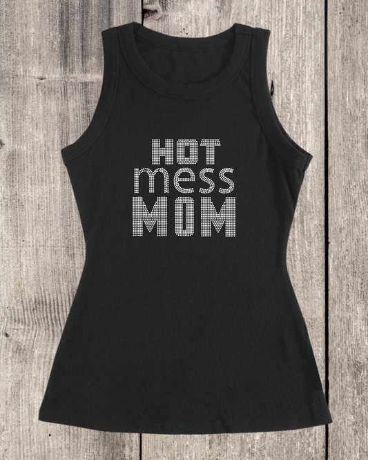 Hot Mess Mom Rhinestone Ribbed Tank Top