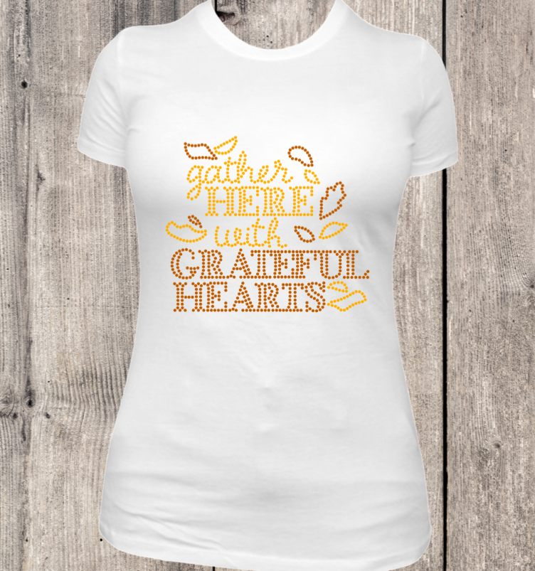 Thankful Holiday Collection Rhinestone Womens Fitted White T-Shirt