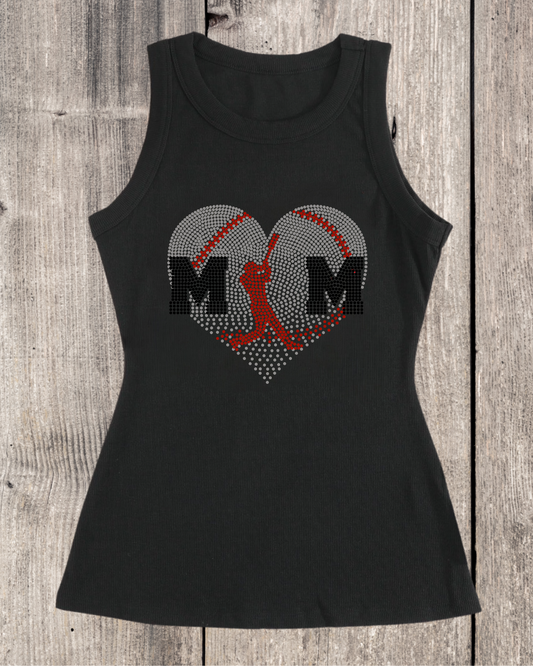 Sport Mom Faded Heart Design Baseball Mom Rhinestone Ribbed Tank Top