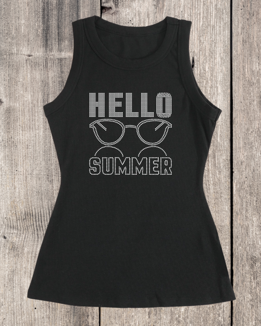 Hello Summer Rhinestone Ribbed Tank Top