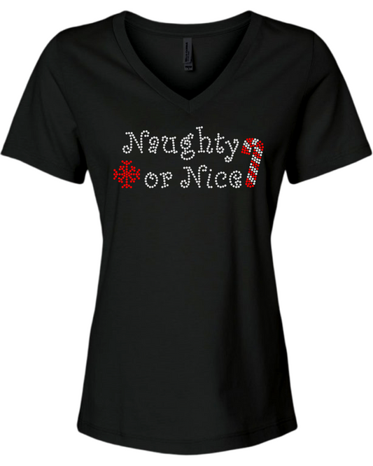 Naughty Or Nice Rhinestone Womens Relaxed Short Sleeve T-Shirt