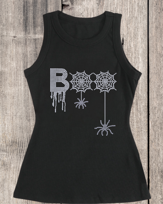 Boo Rhinestone Ribbed Tank Top