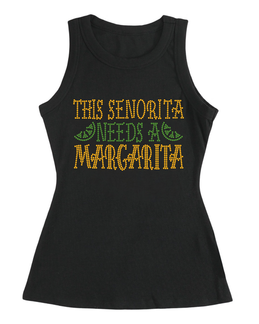 This Senorita Needs A Margarita Rhinestone Sleeveless Ribbed Black Tank Top