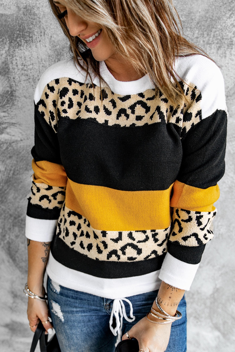 Crewneck Leopard ColorBlock Knit Pullover Sweater