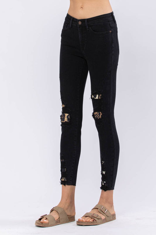 Judy Blue Black Midrise Leopard Patch Skinny Jeans